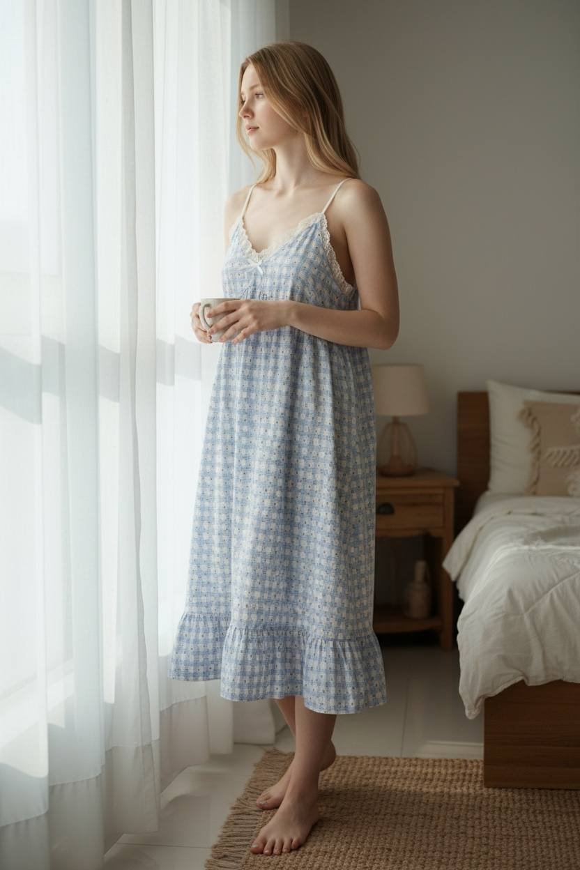 Blue Gingham Floral Sleeveless Nightdress – Ruffle Hem Lounge Dress Blue Gingham Floral Sleeveless Nightdress – Ruffle Hem Lounge Dress
