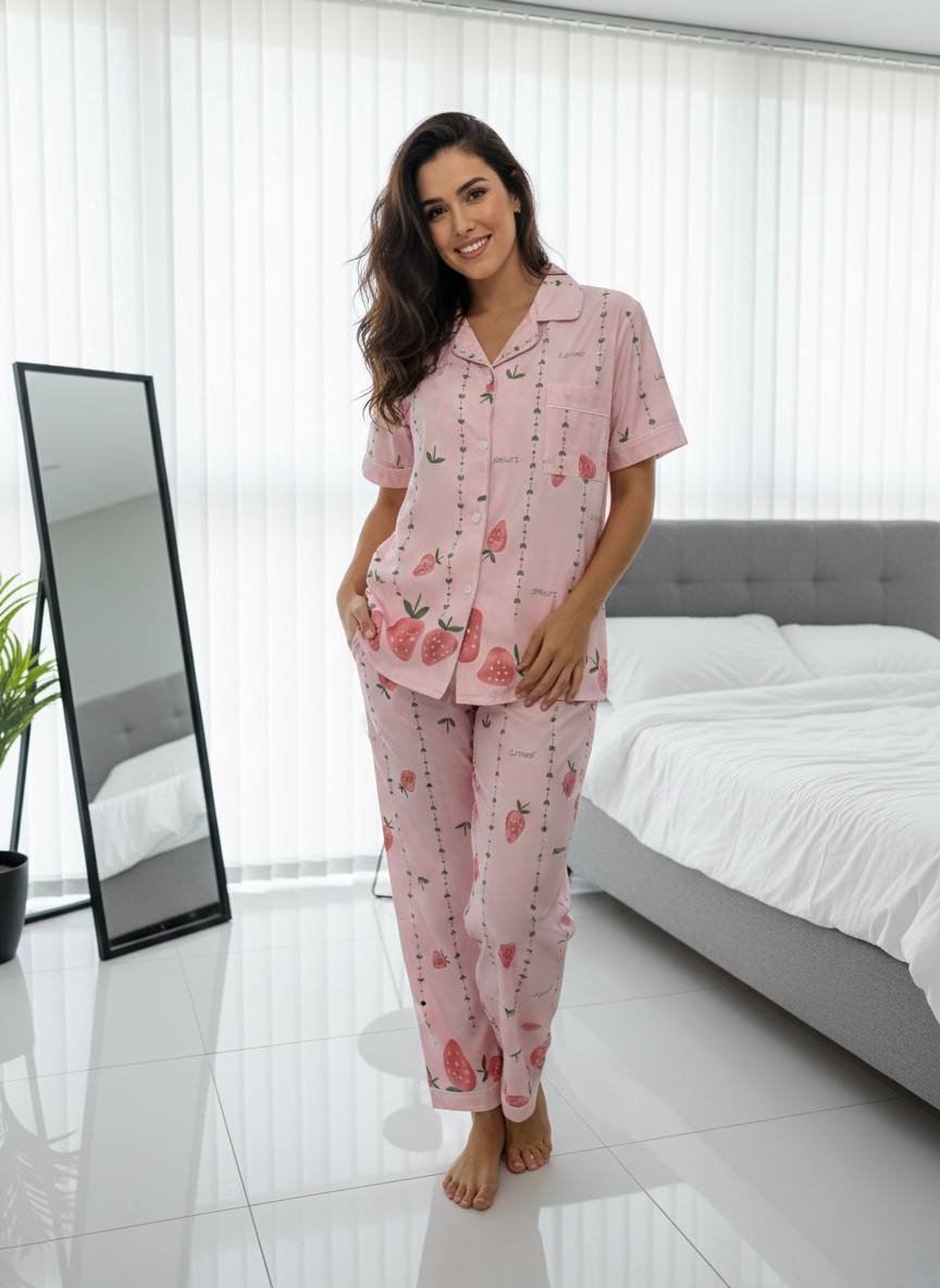 Women’s Strawberry Print Short-Sleeve Pajama Set – Button-Up Two-Piece Nightwear Women’s Strawberry Print Short-Sleeve Pajama Set – Button-Up Two-Piece Nightwear