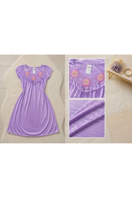 Generic Brands Women’s Satin Short Sleeve Nightgown with Floral Embroidery – Elegant Sleepwear