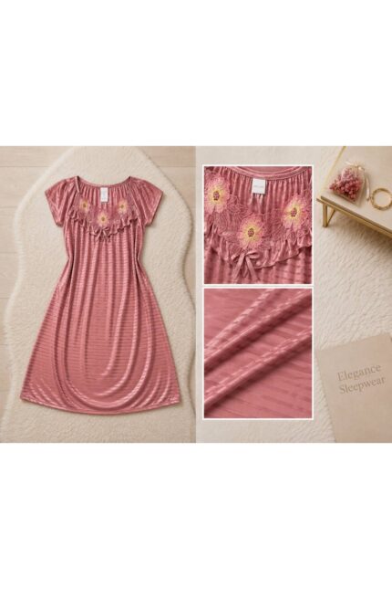 Generic Brands Women’s Satin Short Sleeve Nightgown with Floral Embroidery – Elegant Sleepwear