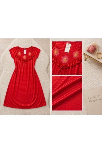 Generic Brands Women’s Satin Short Sleeve Nightgown with Floral Embroidery – Elegant Sleepwear