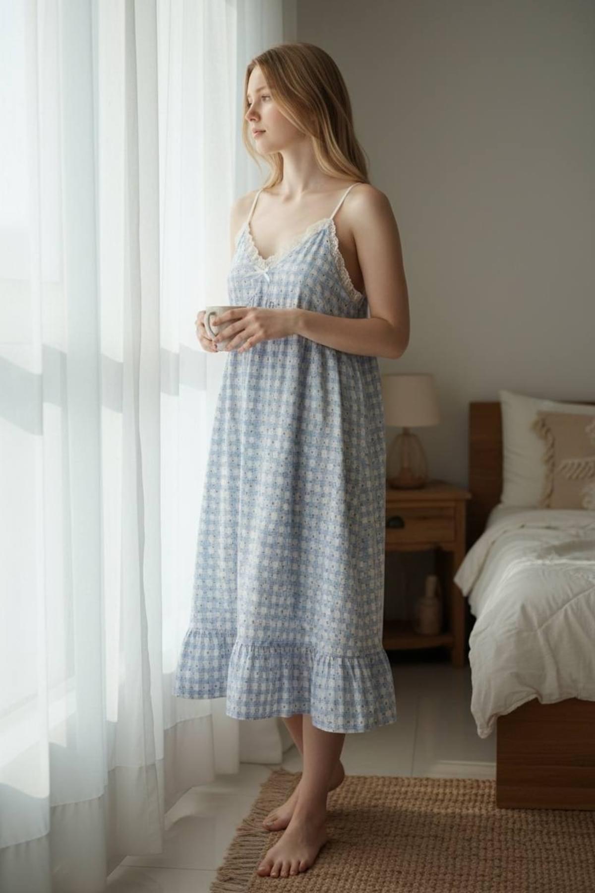 pajama set Blue Gingham Floral Sleeveless Nightdress – Ruffle Hem Lounge Dress