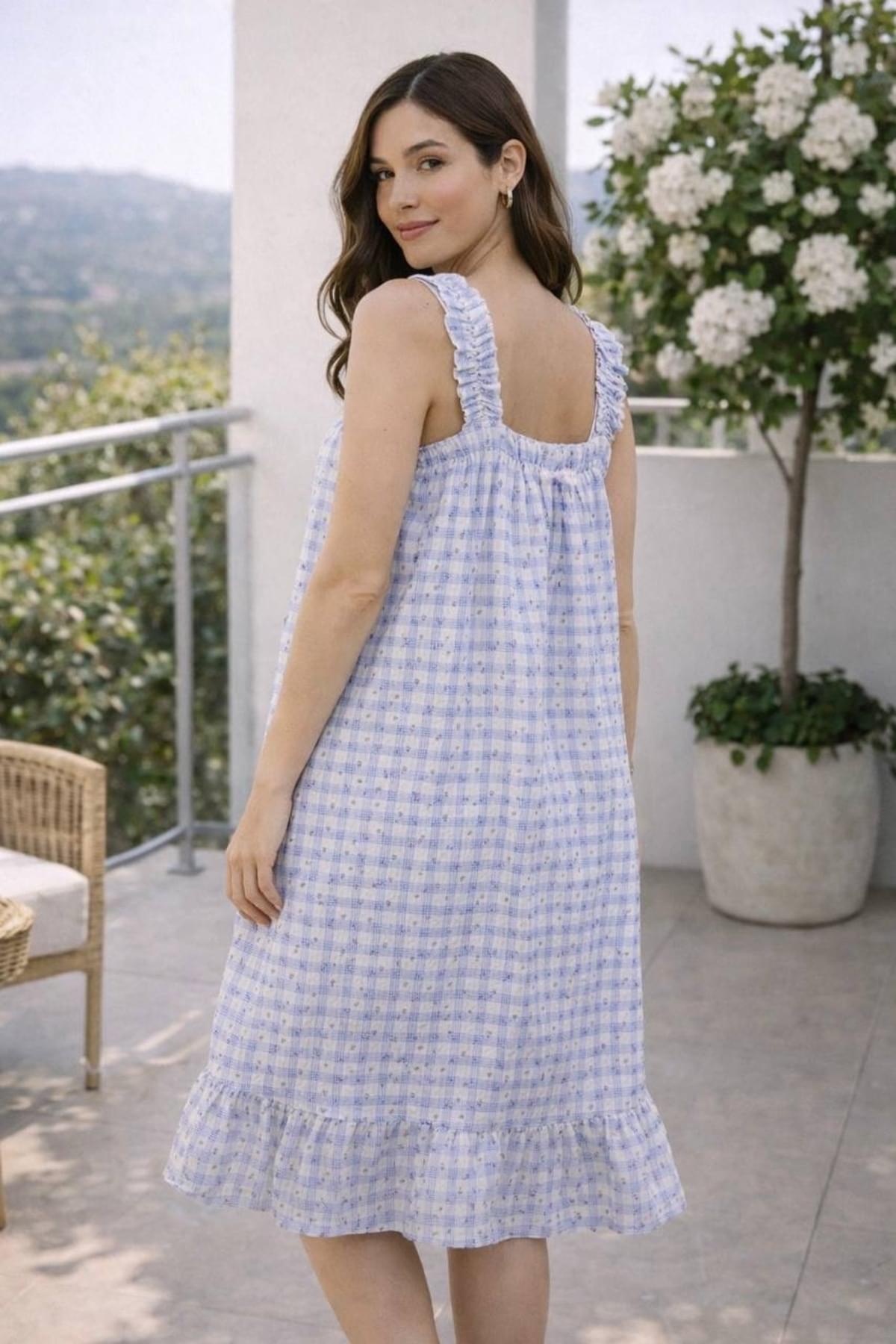 pajama set Blue Gingham Ruffle Strap Nightdress pajama set Blue Gingham Ruffle Strap Nightdress