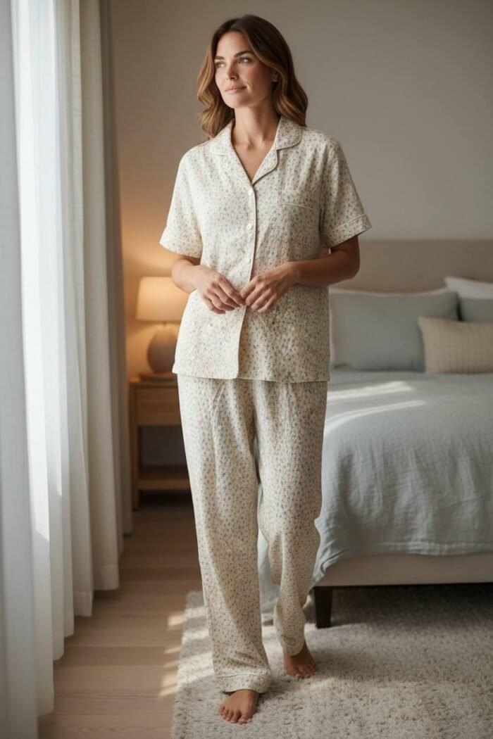 Serene Bloom 3-Piece Pajama Set – Soft Beige Floral Edition - Image 2