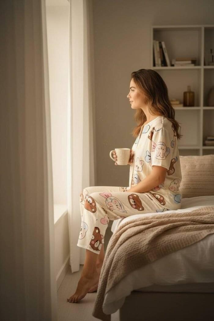 3PCS Women’s Printed Lounge Pajama Set – Button-Up Shirt, Shorts & Long Pants - Image 2