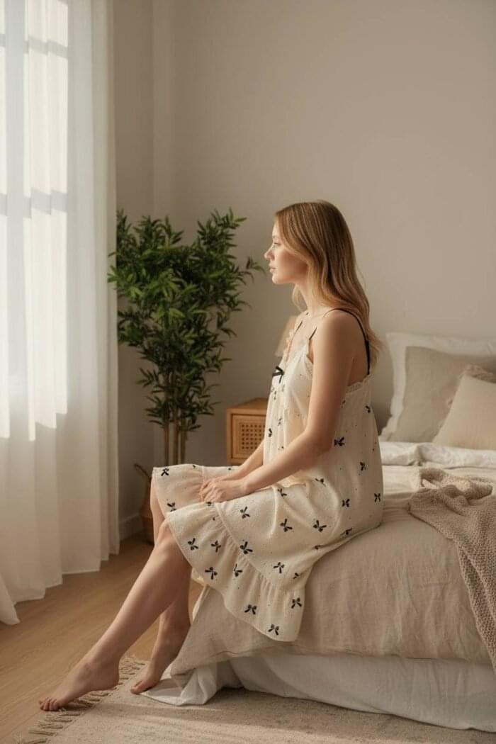 Cream Bow Print Ruffle Night Dress – Soft & Lightweight Sleepwear - Image 2