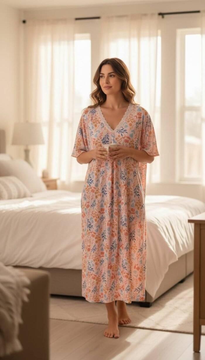 Dual-Tone Floral Maxi Night Dress – Free Size Comfort Wear - Image 2